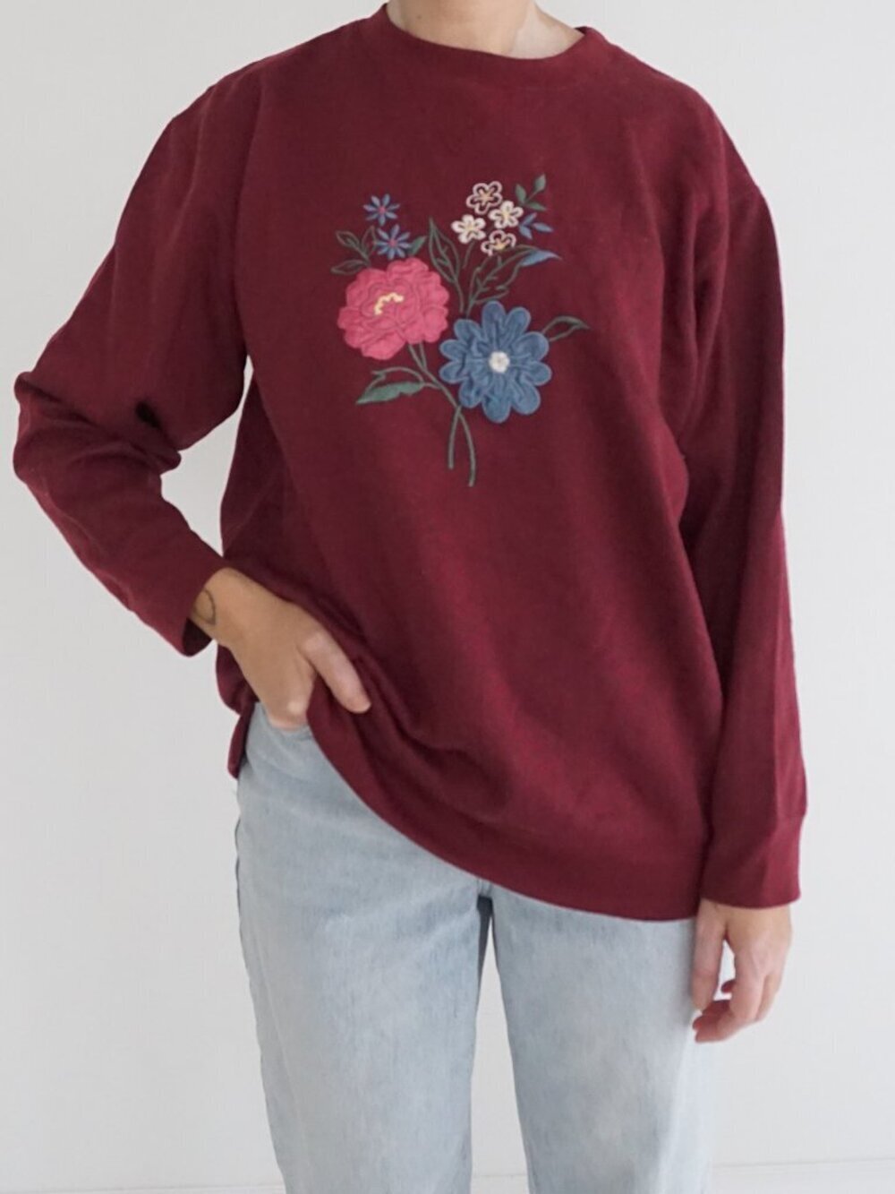 Vintage Bobbie Brooks Burgundy Floral Fine Embroidered Cotton Sweater M